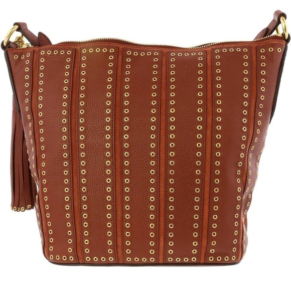 Michael Kors Leather Feed Bag Crossbody Grommet Brick Boho Chic Western Fringe - Picture 4 of 16